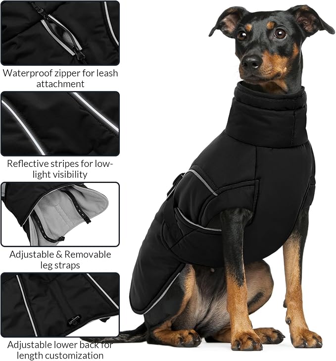 Queenmore Winter Dog Coat Warm Dog Jacket Vest Waterproof Puffer Fleece Snowsuit Adjustable Buckle Leash Hole Reflective Cold Weather Parka for Small Medium Large Dogs Girl Boy Black XL