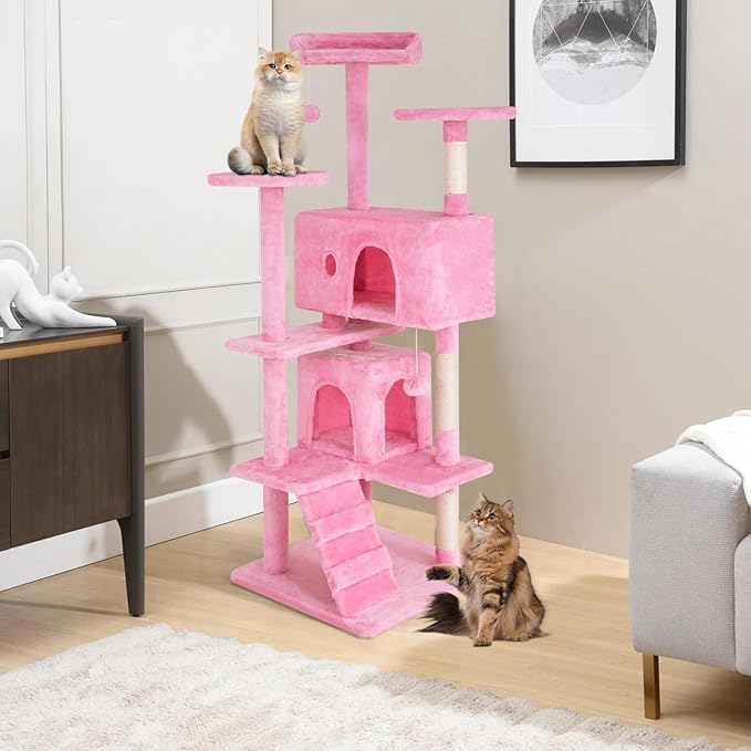 Cat Tree 53 inches Cat Tower for Indoor Cats Cat House with Replaceable and Removable Dangling Ball Cat Trees and Towers with Funny Toys, Pink