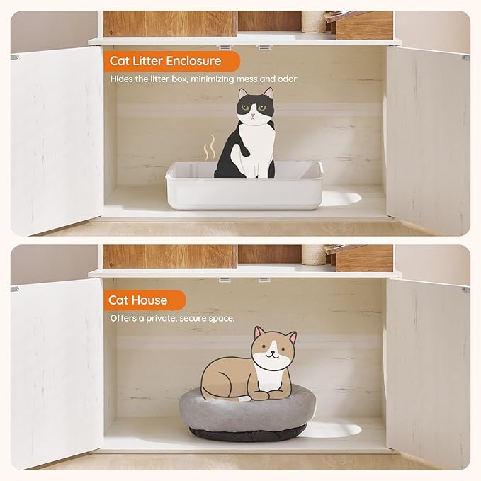 HOOBRO Cat Tree with Litter Box Enclosure, 58.7"H Hidden Cat Litter Enclosure Furniture, All-in-One Modern Cat Tree with Food Bowl, Sisal Scratching Post, and Dangling Ball, White and Walnut WH82MZ03