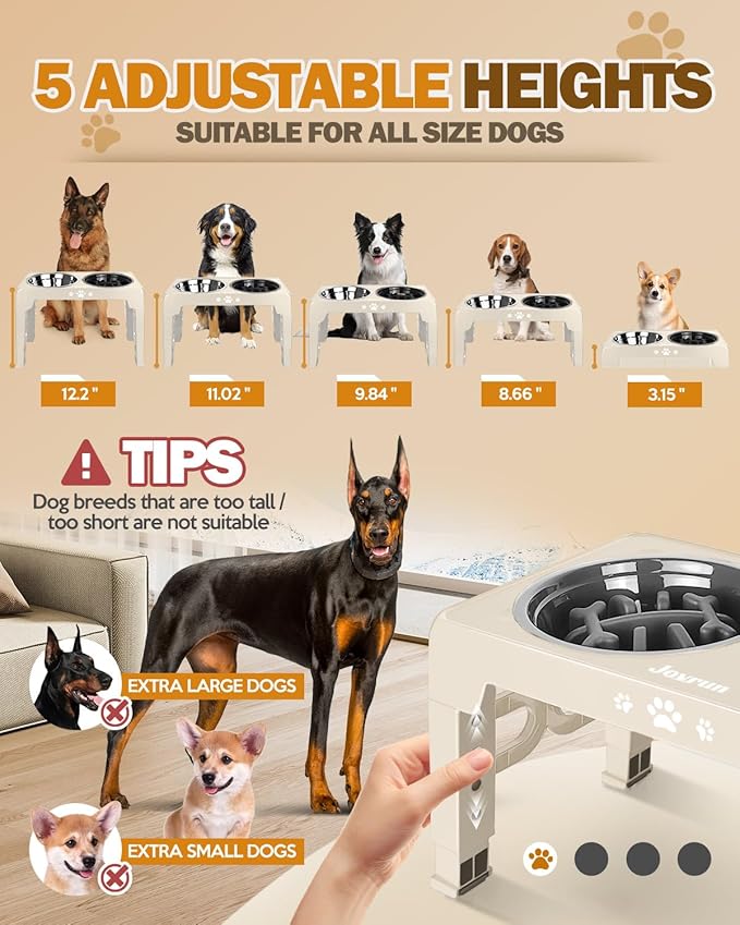 Elevated Dog Bowls for Medium Size Dogs, Non-Slip Dog Feeder with 1*Stainless Steel Dishes & 1*Slow Feeder Bowl, 5 Heights Adjustable Raised Bowls to 3.15″-8.66″-9.84″-11.02″-12.2″