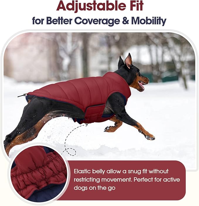 QBLEEV Reversible Dog Coat for Large Dogs, Waterproof Windproof Winter Jacket Keeps Big Breeds Warm & Dry, Adjustable Hook & Loop Puffer Vest, Wine Red, 3XL – Fits Labrador, Weimaraner, Great Dane
