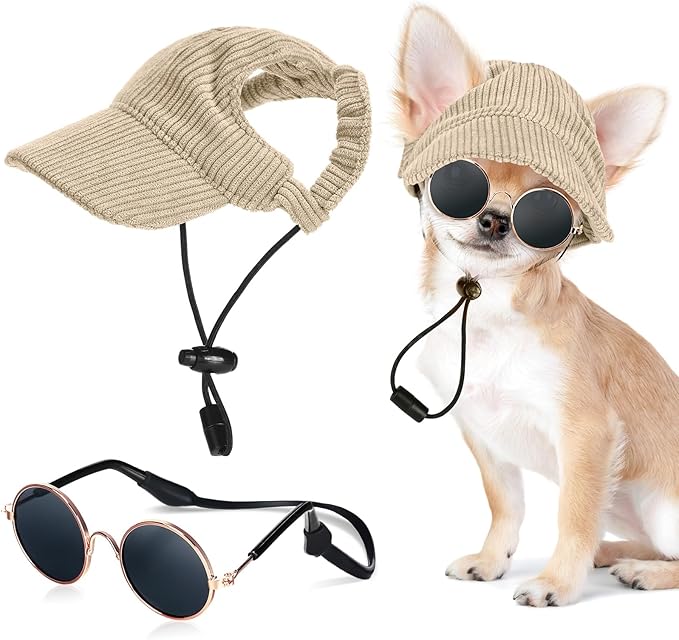Jadive Small Dog Sun Hat with Ear Holes, Dog Cat Sunglasses with Anti-Slip Silicone Rope Baseball Cap Adjustable Puppy Sunbonnet Headdress Beach Visor Hat for Puppies Summer Outdoor(Khaki)