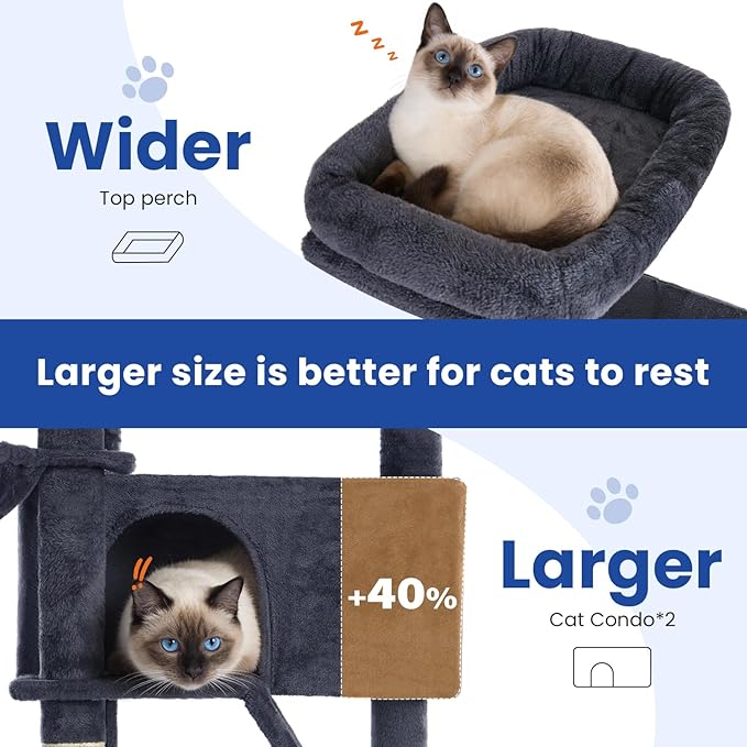 Cat Tree 82 in Multi-Level Cat Tower for Indoor Cats, Heavy Duty Large Cat Tree with Sisal Scratching Posts, Hammock, 2 Perches, 2 Condos, 2 Hanging Baskets, Dark Grey