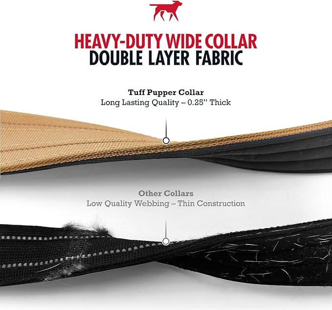 Tuff Pupper Heavy Duty Tactical Dog Collar | 1.5" Wide Ballistic Nylon | Reflective Stitching | Integrated ID Tag Holder | Stainless Steel Buckle | Padded Lining | Medium & Large Dogs (Tan, Medium)