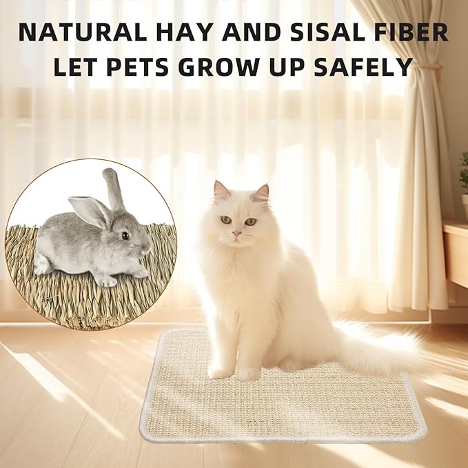 4 Pcs Rabbit Scratcher Mat, Rabbit Grass Mats for Rabbits Cage Accessories, Natural Sisal Cat Rabbit Scratching Pad, Natural Hay Woven Bed Mat for Bunny Cats Guinea Pig