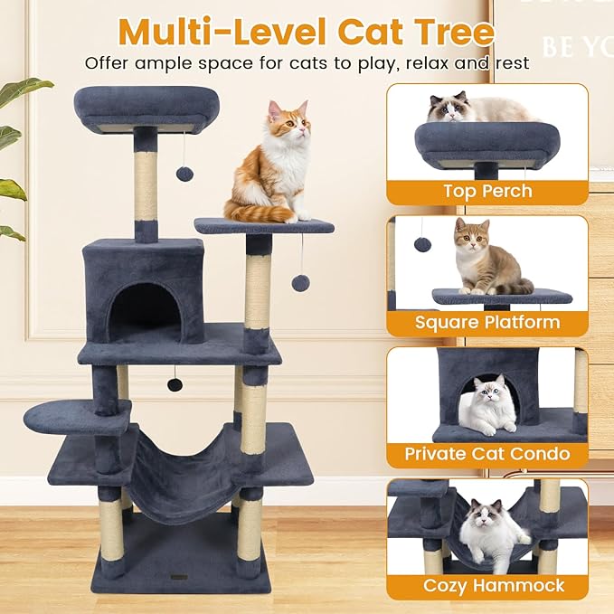 PETSITE Multi-Level Cat Tree, 58 Inches Tall with Sisal Scratching Posts, Condo, Hammock, Dangling Balls, Jumping Platforms, and Cozy Top Perch, Ideal for Indoor Cats to Play and Rest (Dark Grey)
