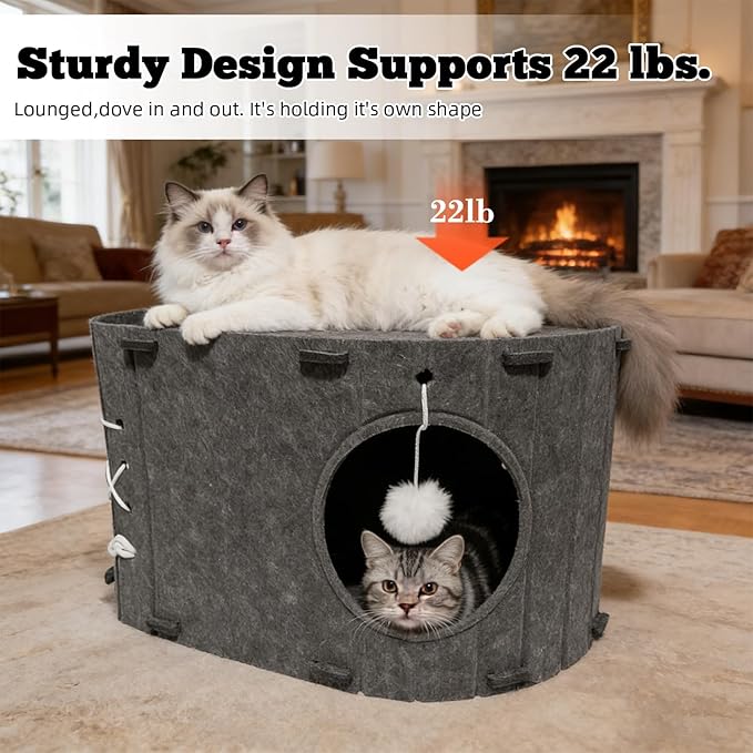 Cat House for Indoor Cats - Foldable Cat Bed Cave with Scratch-Resistant Felt Cats Tunnel Bed Condo & Hanging Fluffy Ball | Cozy Spacious Hideaway for Multi-Cats| Durable & Easy to Store, Cream