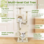 PETSITE 57-inch Modern Cat Tree, Multi-Level Cat Tower with 2 Comfy Condos, Sisal Scratching Posts, Plush Top Perch, Snug Hammock, and Dangling Balls, Ideal for Indoor Cats and Kittens (Beige)