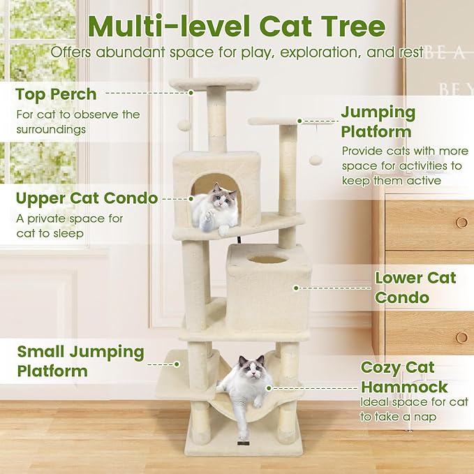 PETSITE 57-inch Modern Cat Tree, Multi-Level Cat Tower with 2 Comfy Condos, Sisal Scratching Posts, Plush Top Perch, Snug Hammock, and Dangling Balls, Ideal for Indoor Cats and Kittens (Beige)