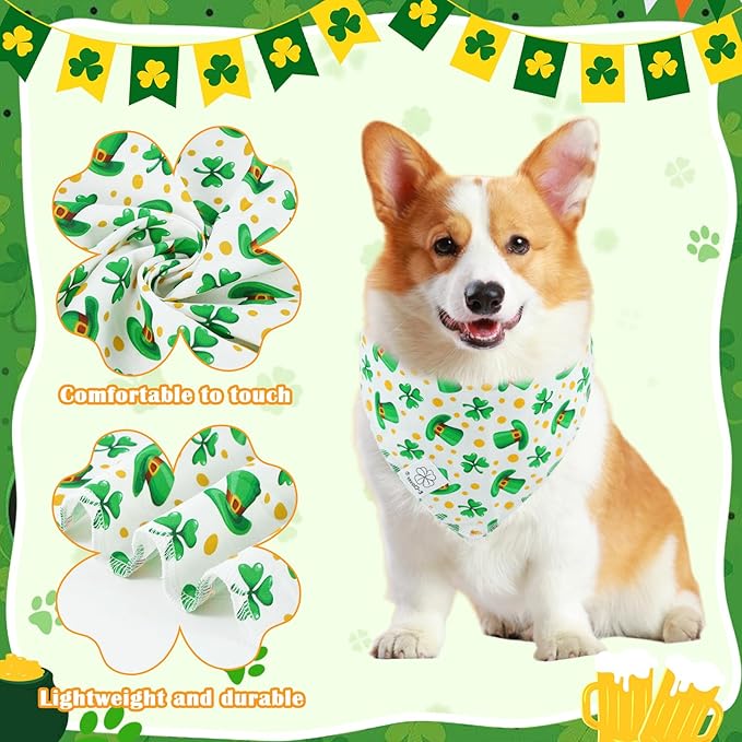 E-Clover St Patricks Day Dog Bandana & Matching Scrunchie Set Cute Girl Dog Scarf Bibs Pet Bandanas with Bow Tie for Small Dogs Puppy Owner Mom Green