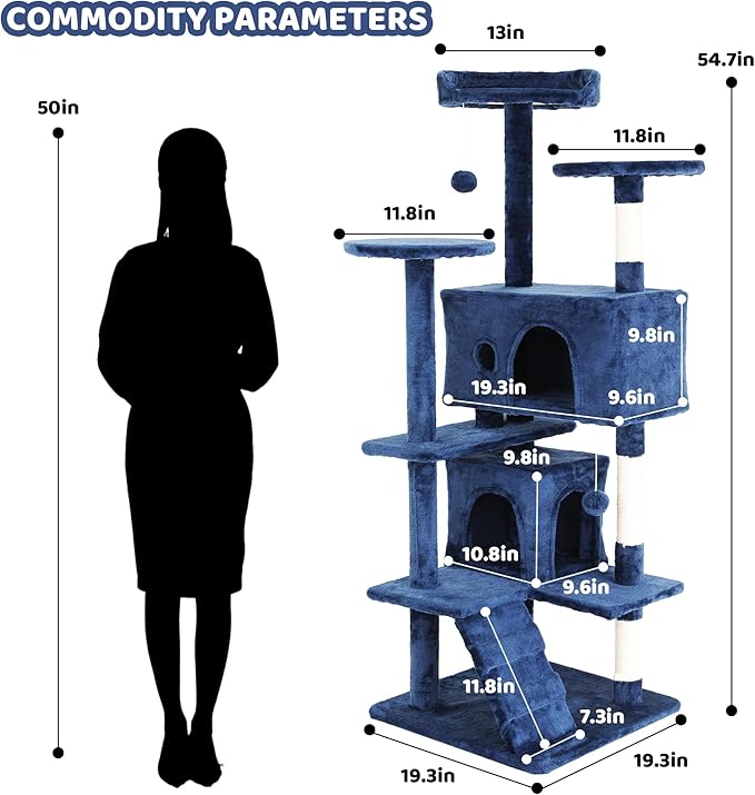 Cat Trees Towers for Large Cats, Cat Houses & Condos with Scratching Posts, Cat Bed Cave, Climbing Ladder, Pompoms, 54", Navy Blue
