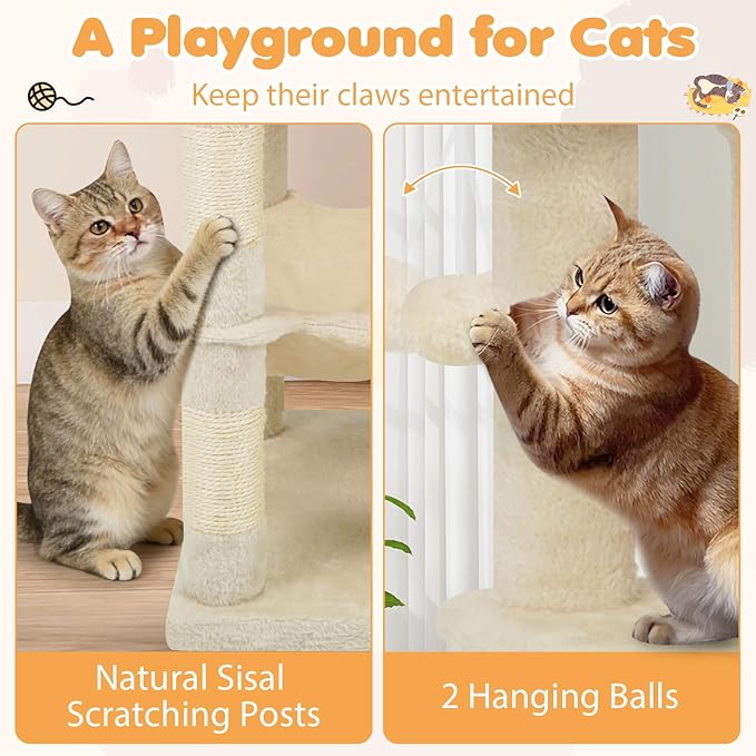 Tangkula Cat Tree Tower, 44 Inch Multi-Level Cat Tower with Sisal Scratching Posts, 2-Door Condo, Padded Top Perch & Hammock, 2 Hanging Balls, Jumping Platforms for Indoor Cats (Beige)