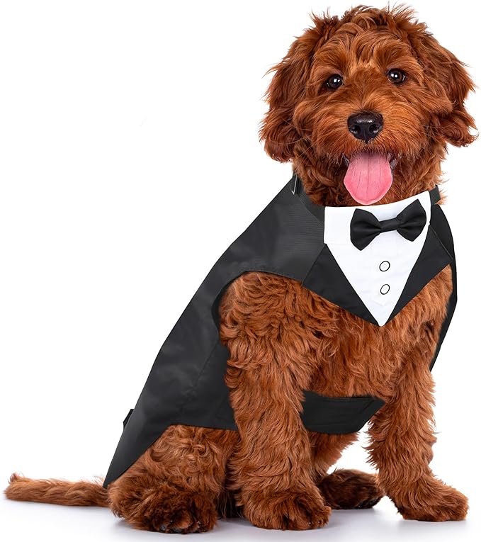 Dog Tuxedo, Formal Dog Wedding Attire Pet Costume Pet Suit and Bandana Set, Bithday Party Bow Tie Collar Outfit Puppy Tux (Medium)