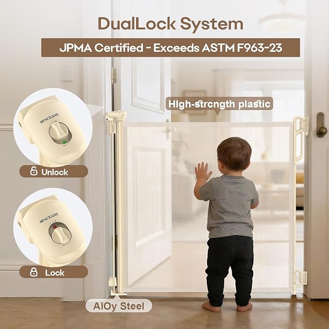 Retractable Safety Baby Gate or Mesh Dog Gate,Durable Portable Mesh Retractable Gate,Easy to Use for Stairs, Doorways, Hallways, Indoor, Outdoor, 33.5" Tall, Up to 55" Wide, Cream