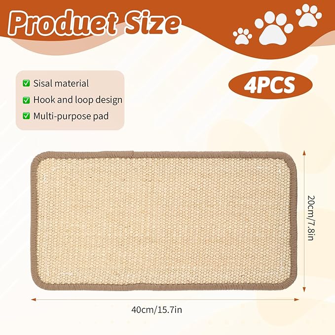 4 Pack Cat Scratcher Mat, 15.7x7.8 Inch Sisal Scratching Pad with Adhesive Tape, Horizontal Floor Protector for Furniture Sofa Wall - Khaki