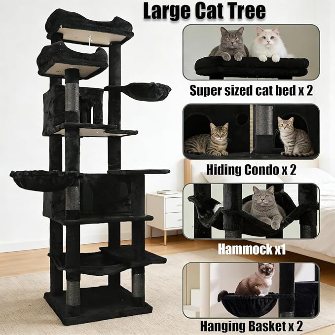 KAWHBET 68in Cat Tree,Cute Cat Tower Big Multi-Level Cat Tower for Large Cats with Removeable Cushion,Hammocks Sisal Scratching Posts,Condos,for to Play and Sleep Cat Tree for Indoor Cats (Black)