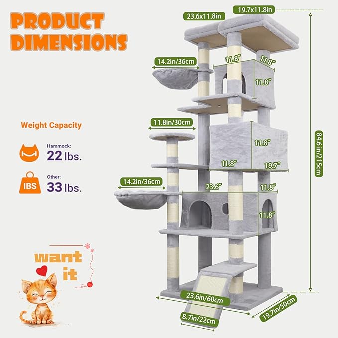 84.6in Cat Tree, Patent Fabric Multilevel Cat Tower for Adult Cats, Climbing Tree House and Towers with Condo Hammock Scratching Post Large Platform Wide Base