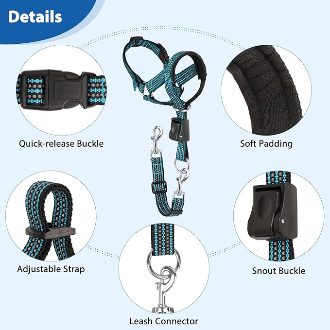 BARKLESS No Pull Dog Head Collar for Gentle Training Walking, Soft Padded Head Halter with Collar Safety Clip, Comfortable Fit Muzzle Leash with Reflective Strap for Medium Large Dog (Blue, XL)