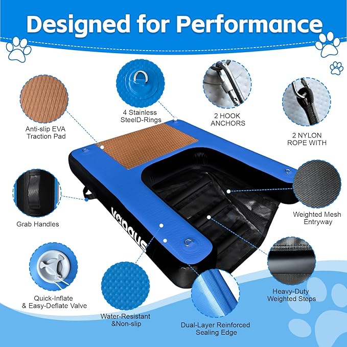 Vapaus Inflatable Dog Boat Ramp Floating Pup Dock Ladder for Water Pool Lake Pontoon Heavy Duty Non-Slip Portable Swim Platform for Swimming Upgraded D-Rings & Accessories for Large Dogs Up to 260lbs