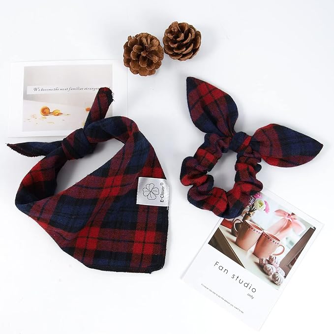 E-Clover Red Dog Bandanas & Matching Scrunchie Set Plaid Dog Scarf Bibs for Medium Large Dogs Girl Boy Pet Owner Gift Blue Valentine