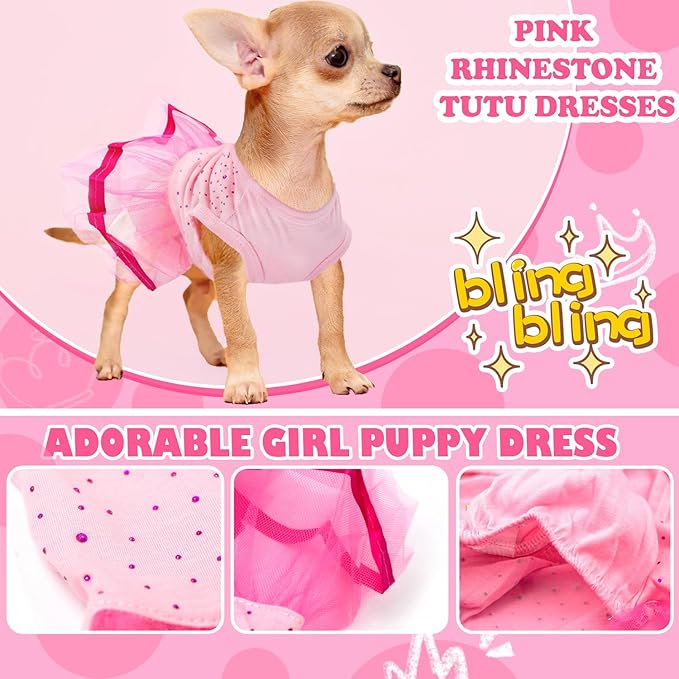 2 Pieces Dog Dress with Bling Rhinestones Cute Princess Puppy Clothes for Small Dog Girls Female Doggie Pet Dress Tutu Outfit for Chihuahua Yorkie, Pink Black,X-Small