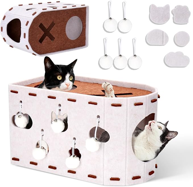 Mity Rain Cat House for Indoor Cats, Foldable Felt Bed Cave with Tunnel & Cat Ball Toy, Large Cat Bed Up for Play, Soft & Warm Cat Beds & Furniture for Indoor Kitten Adult Cats