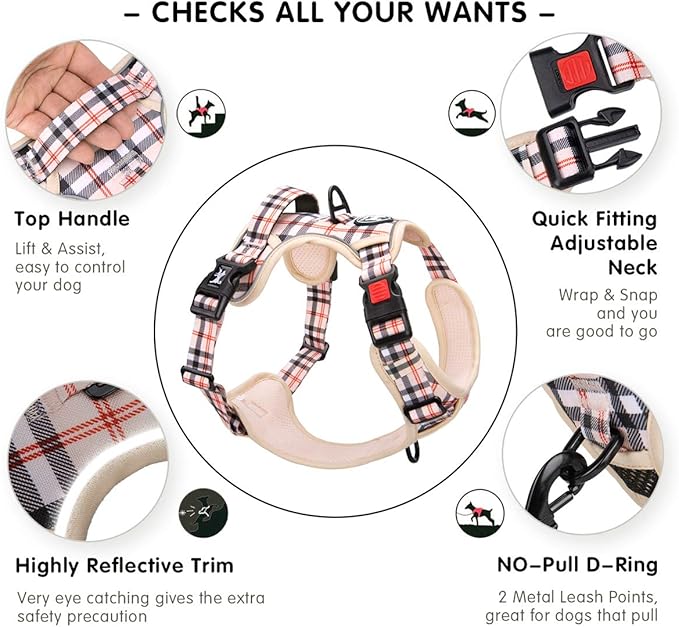 PoyPet No Pull Dog Harness, [Release on Neck] Reflective Adjustable No Choke Pet Vest with Front & Back 2 Leash Attachments(Checkered Beige,XS)