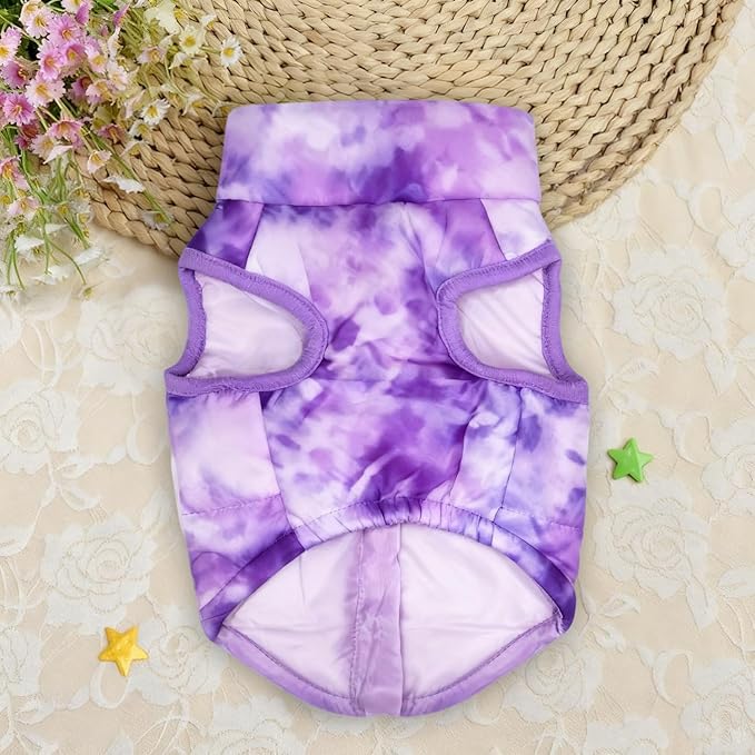 Idepet Pet Dog Cat Coat with Leash Anchor Color Patchwork Padded Puppy Vest Jacket Teddy Chihuahua Costumes Pug Cloth XS S M L(XX-Large,Purple Tie-dye)
