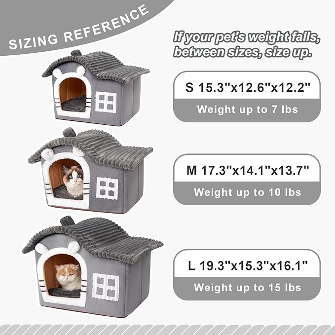 Jiupety Bear Cat Houses for Indoor Cats, Chimney Cute Cat Bed Cave, Enough Interior Space, Cartoon Soft Pet House Up to 3-10 lbs Kitten, Gray