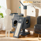 【SteadyCore】 PetDance All-in-1 Cat Tree Tower with Heavy Duty Board, Solid-Wood,Small Cat Tower with Multiple Fun:Interactive Track Ball Toy & Self-Grooming Brush for Indoor Cats,Light Gray