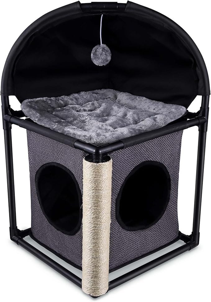 Goetland PVC Modern Cat Condo Cat House Cat Tree Small Cat Tower Bed Scratching Post Dangling Ball Hole for Kitty Indoors Cat Gray