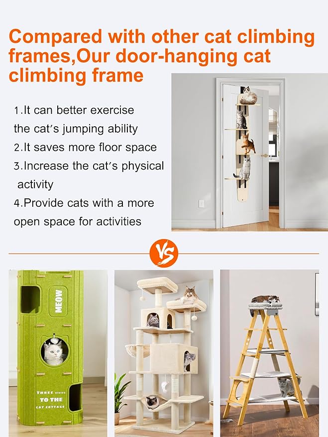Door Hanging Cat Tree,Door Hanging Cat Shelf with Soft Mat,4-Levels Over The Door Cat Climber for Indoor Cats(Wooden-67.3" H X 23.2" L X 8.3" W)