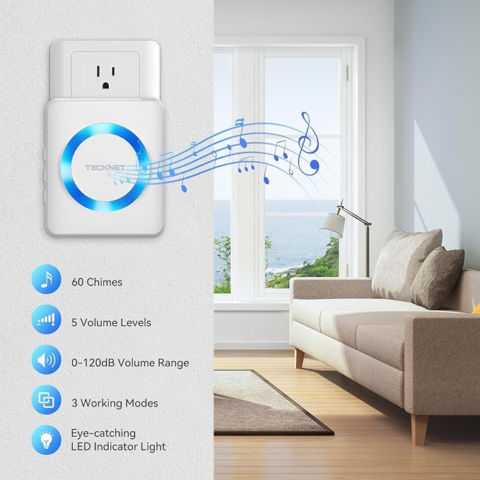 TECKNET Wireless Doorbell, Door Bell 0-120dB, Plug-In Doorbells 1300ft Range, Classroom Doorbell IP65 Waterproof, 60 Chimes & 5 Volume Levels, LED Light for Home Kids Classroom Hearing Impaired, white