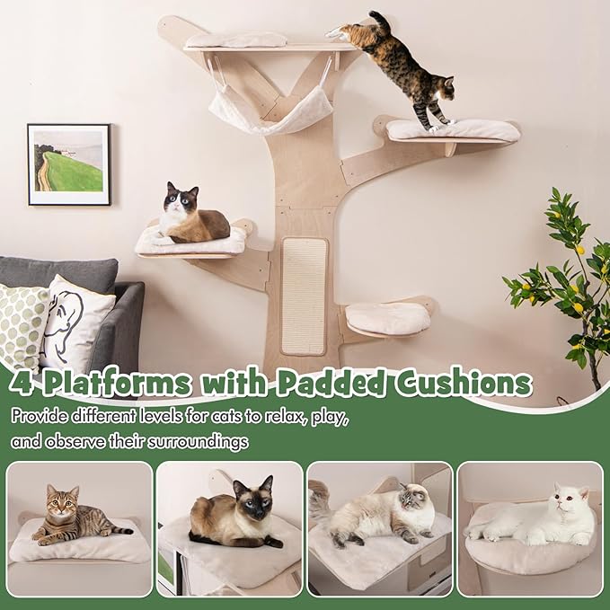 Tangkula Cat Wall Shelves, Wall Mounted Cat Tree Furniture with 4 Padded Platforms, Hammock, Sisal Scratching Mat, Removable & Washable Cushions, 5-Level Cat Climbing Steps for Wall