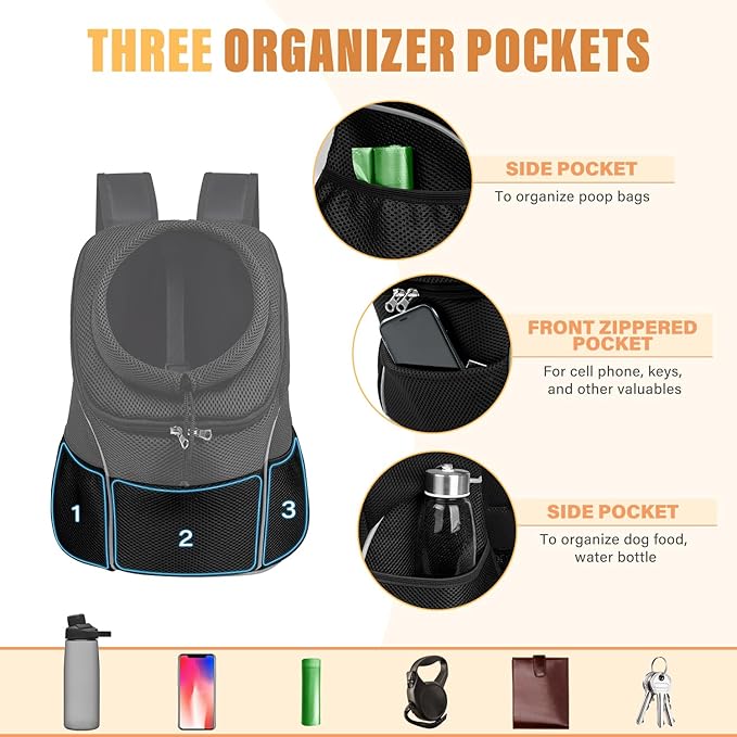 YUDODO 9-14lbs Dog Front Carrier Backpack, Adjustable Breathable Pet Carrier for Small Dogs, Ventilated Puppy Back Pack with Safety Belt, Lightweight Doggy Backpack for Hiking Outdoor(Jet Black, L)