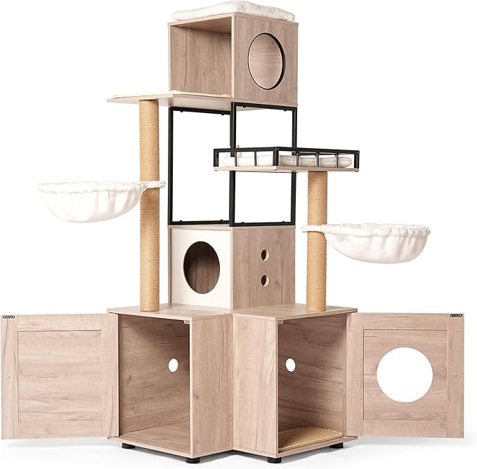 63" H Multi-Functional Cat Tree with Litter Box, Cat Tower Furniture with Removable Washable Cushion, Cat Scratching Posts & Toy Hanger, Modern Design Rustic Gray Cat House