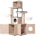 63" H Multi-Functional Cat Tree with Litter Box, Cat Tower Furniture with Removable Washable Cushion, Cat Scratching Posts & Toy Hanger, Modern Design Rustic Gray Cat House