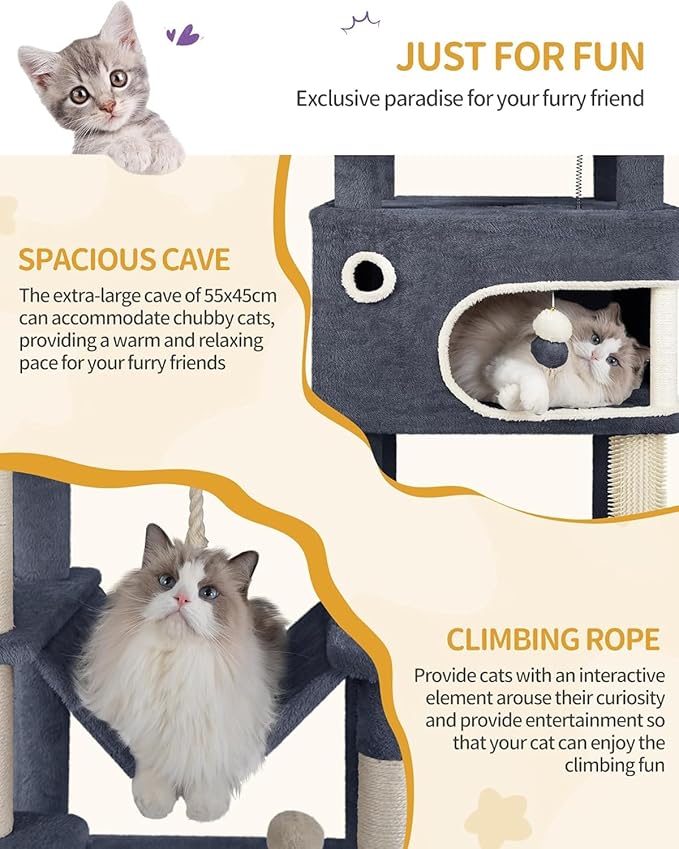 70.1 Inch Cat Tree for Indoor Cats, Multi-Layer Scratching Post with Large Platform, 2 Caves, 7 Sisal Posts, Pompoms, Cat Basket, Hammock, Suitable for Cats, Dark Grey MS17818SG