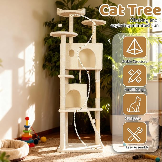 BestOffice 81 Inch Cat Tree, Multi-Level Cat Tower with Condo, Perches, Sisal Scratching Posts, Climbing Ladder,Indoor Activity Center Play House for Kittens & Adult Cats, Beige