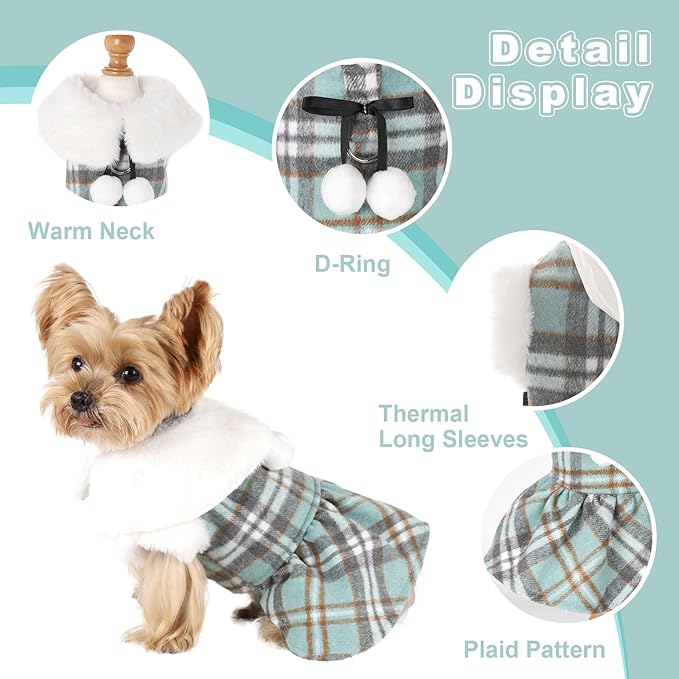 Dog Sweater with Leash Set Plaid Fleece Dog Clothes for Small Dogs Girl Boy Winter Pet Dress Cold Weather Coat Fall Sweater for Chihuahua Yorkie Cat Puppy Costumes (Turquoise, Small)