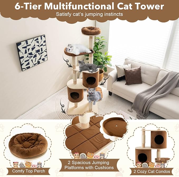 Tangkula 75 Inch Tall Cat Tree for Indoor Cats, Natural Solid Rubber Wood Cat Tower with Sisal Scratching Posts, Top Perch, Detachable Cat Condo, 6-Layer Modern Cat Trees and Towers for Large Cats