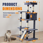 Sweetcrispy 63 inch Cat Tree Tower, Large Multi Level Cat Climbing Tower with Condo, Natural Sisal Scratching Posts, Extended Platform, Hammock, Pet House for Indoor Cats and Kittens Play, Dark Grey