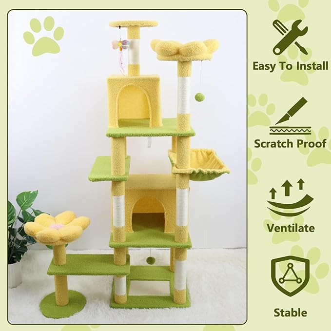 71 inch Flower Cat Tree, Multi-Level Cat Tower with Large Condo Removable Flower Cushion and Hammock, Tall Cat Tree for Indoor Large Cats Climbing, Scratching, and Play (Yellow)