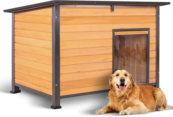 Dog House Outdoor Weatherproof, Sturdy Large Breed Doghouse Anti-Chewing Iron Frames Wood Houses, Dog Shelter for Indoor Puppies, Cats