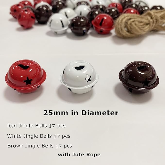 Pack of 51 Small Bells for Crafts, 1 Inch Jingle Bells Little Bells for Crafting Dog Training Doorbell Cat Collar Christmas Tree Wedding Decorations (Red White Brown)