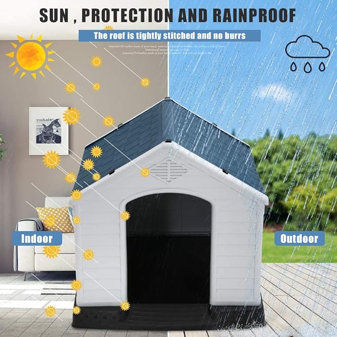 Dog House, Extra Large Dog House for Small Medium Large Dogs, Waterproof Ventilate Plastic Durable Indoor Outdoor Pet Shelter Kennel for Outside with Air Vents and Elevated Floor, Easy to Assemble