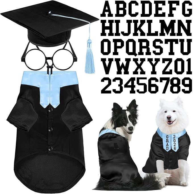 5 Pcs Dog Graduation Costume Set Include 2026 Pet Graduation Gown with Stole Puppy Grad Cap Lensless Glasses DIY Letter Stickers for Dogs Cats Holiday Costume Accessory(Black Light Blue,XL)