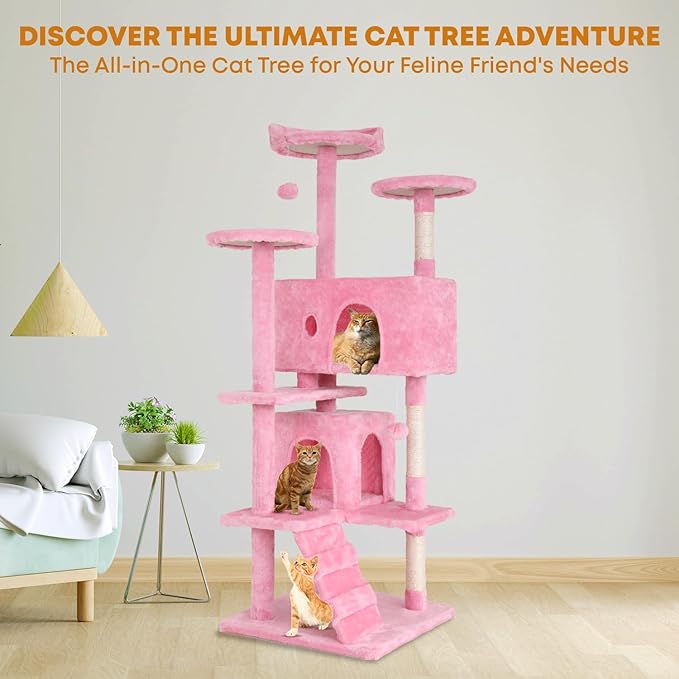 54in Cat Tree Tower for Indoor Cats, Cat Tower with Cat Scratching Post, Multi-Level Cat Furniture, Cat Tower with Funny Toys for Kittens-Pink