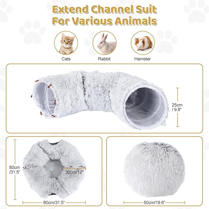 Cat Tunnel Bed with 20 Pcs Interactive Toys, 3-in-1 DIY Collapsible Plush Cat Tube with Washable Mat, Large Indoor Play Tunnel Cave for Kittens and Small Animals
