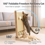 32" Sisal L Shaped Cat Scratch Pad with Ball Toy, Wooden Cat Scratching Post for Indoor Cats, 180° Angles Cat Scratcher for Indoor Cats, Durable Modern Cat Scratching Boards